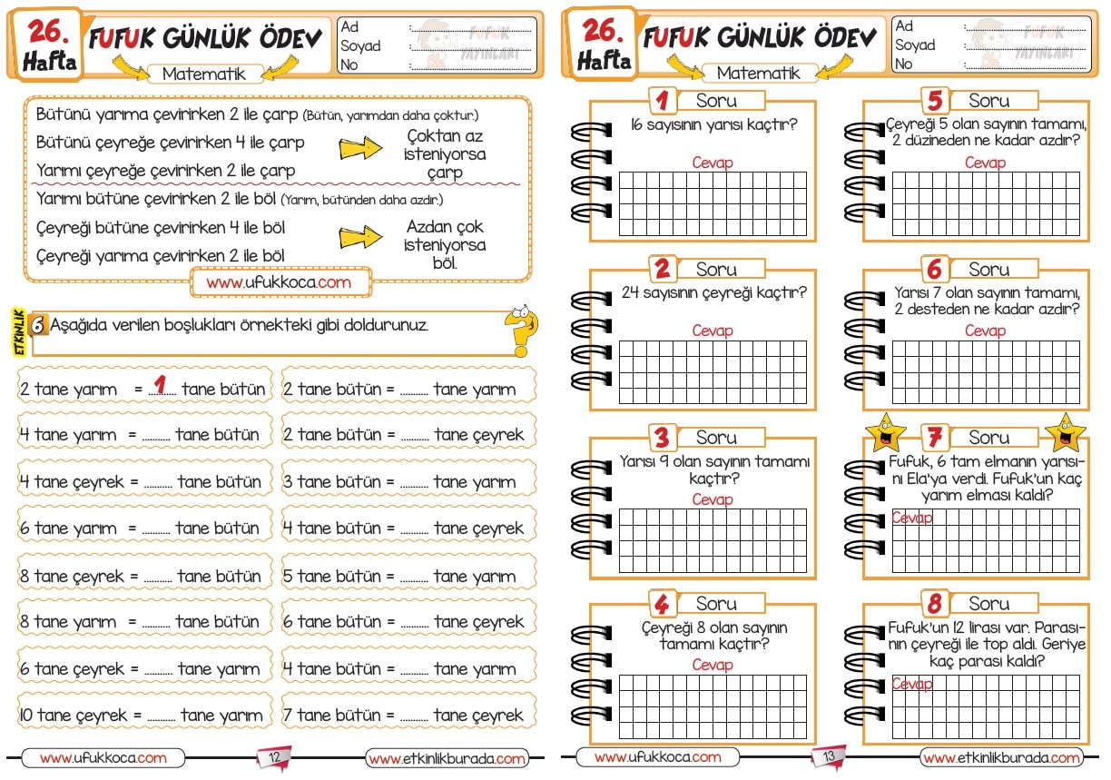 2 Sinif Fufuk Gunluk Odev Serisi 26 Hafta 2 Donem 8 Hafta