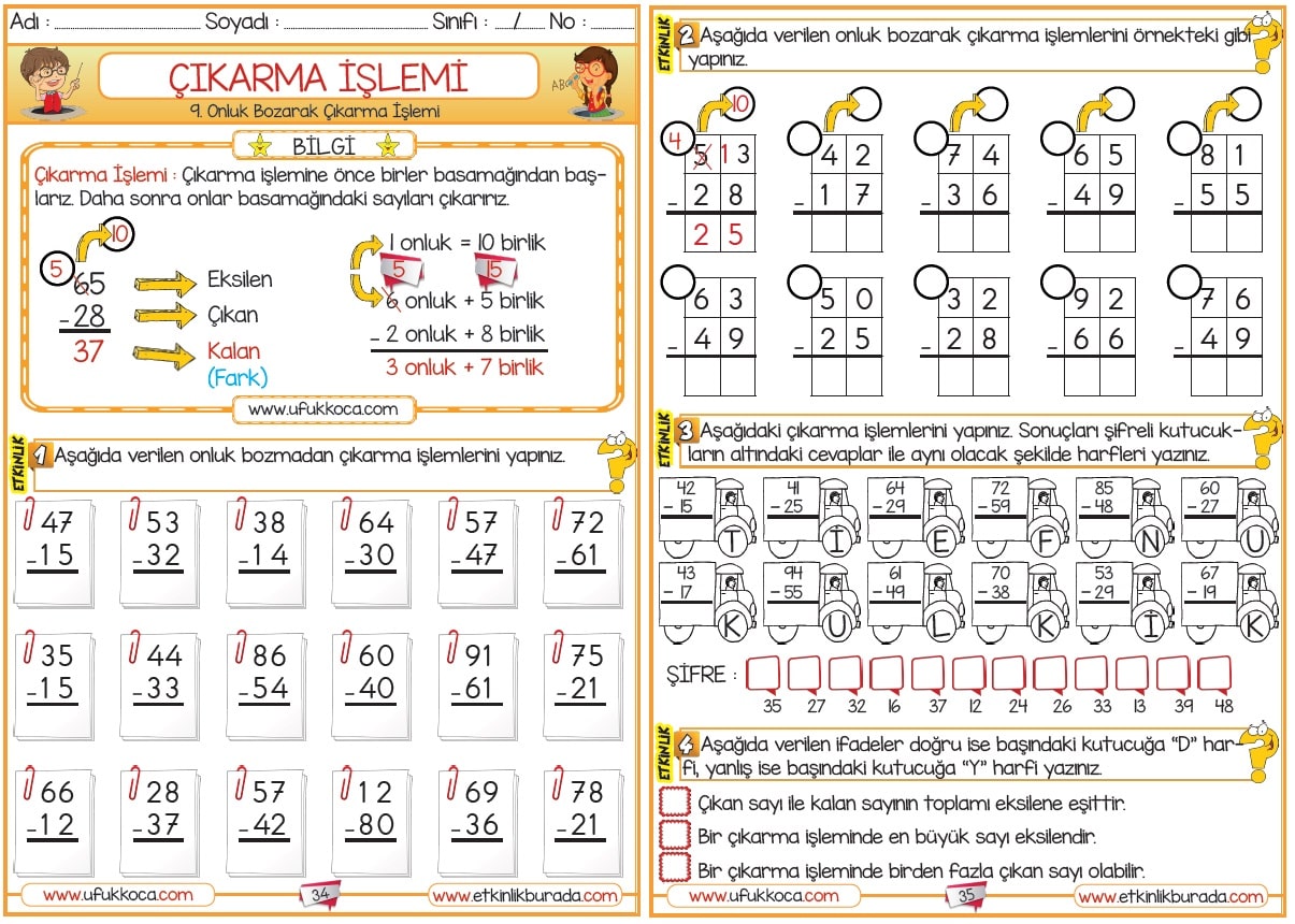 9 2 Sinif Matematik Onluk Bozarak Cikarma Islemi Etkinlikleri